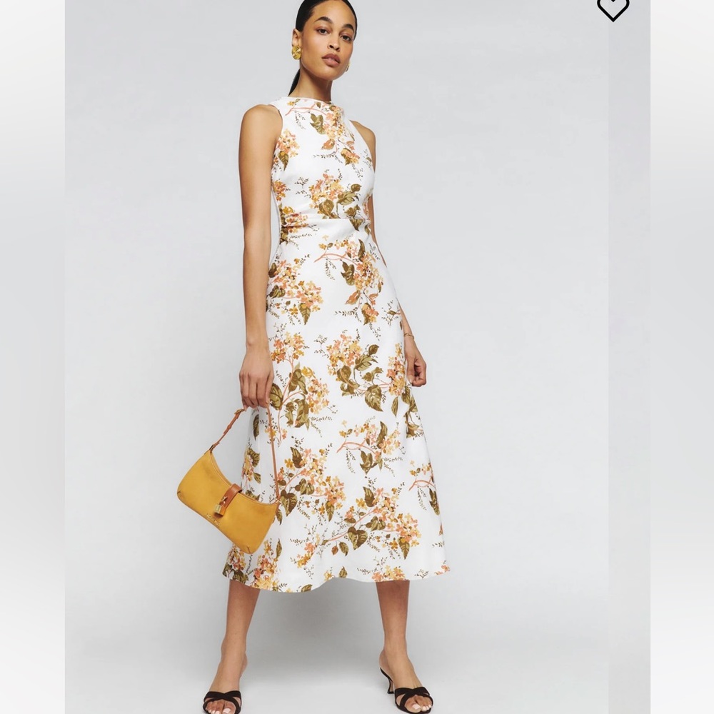 REFORMATION Casette Linen Dress Color Bella Floral Maxi Open Back Dress NWT